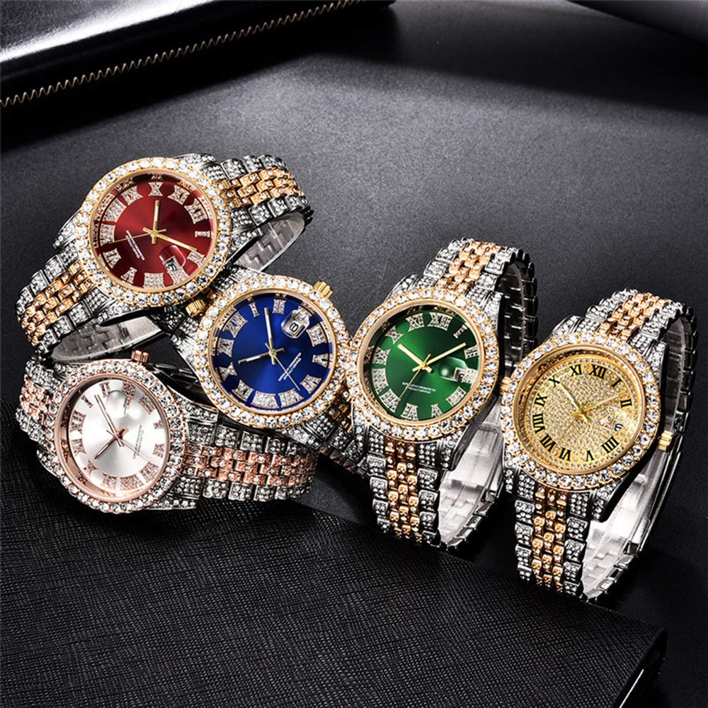 HUNRUY Hip Hop Watches for Men Iced-Out Bling Diamond Luxury Quartz Watches with Date (40mm Red)