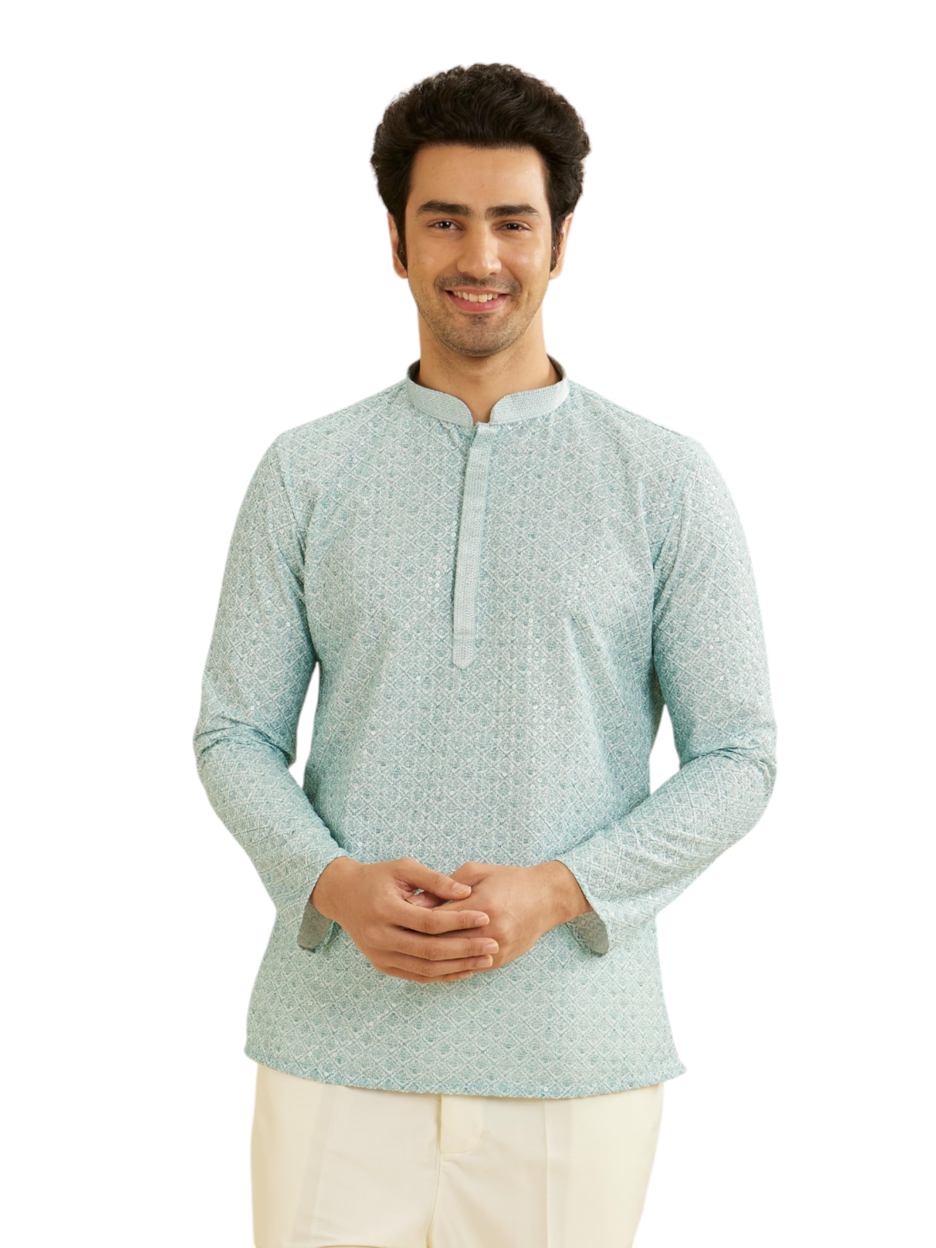 Manyavar Blended Cotton MenS Digital Print Short Kurta (Green,Xl)