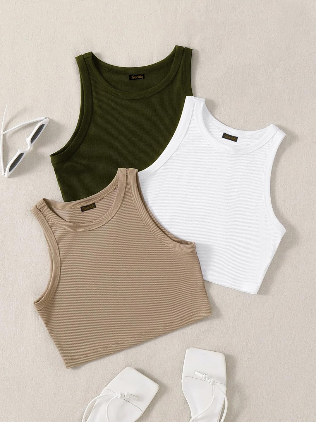 Toochki Tops for Woman | Spandex Top | Crop | Short | Western | for Jeans | Sleeveless | Stretchable | Pack of Three | Beige-Whi