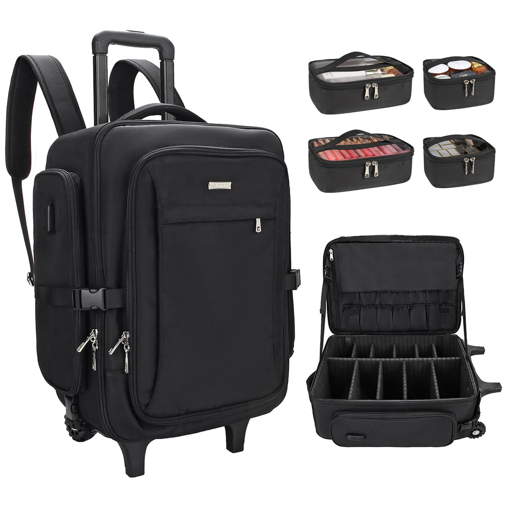 Relavel Rolling Makeup Case with 4 Clear Makeup Bags, Makeup Backpack with Adjustable Dividers,Cosmetic Train Case Storage with 