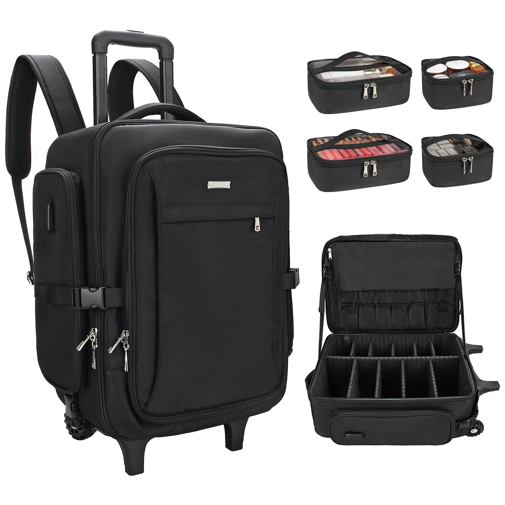Relavel Rolling Makeup Case with 4 Clear Makeup Bags, Makeup Backpack with Adjustable Dividers,Cosmetic Train Case Storage with 
