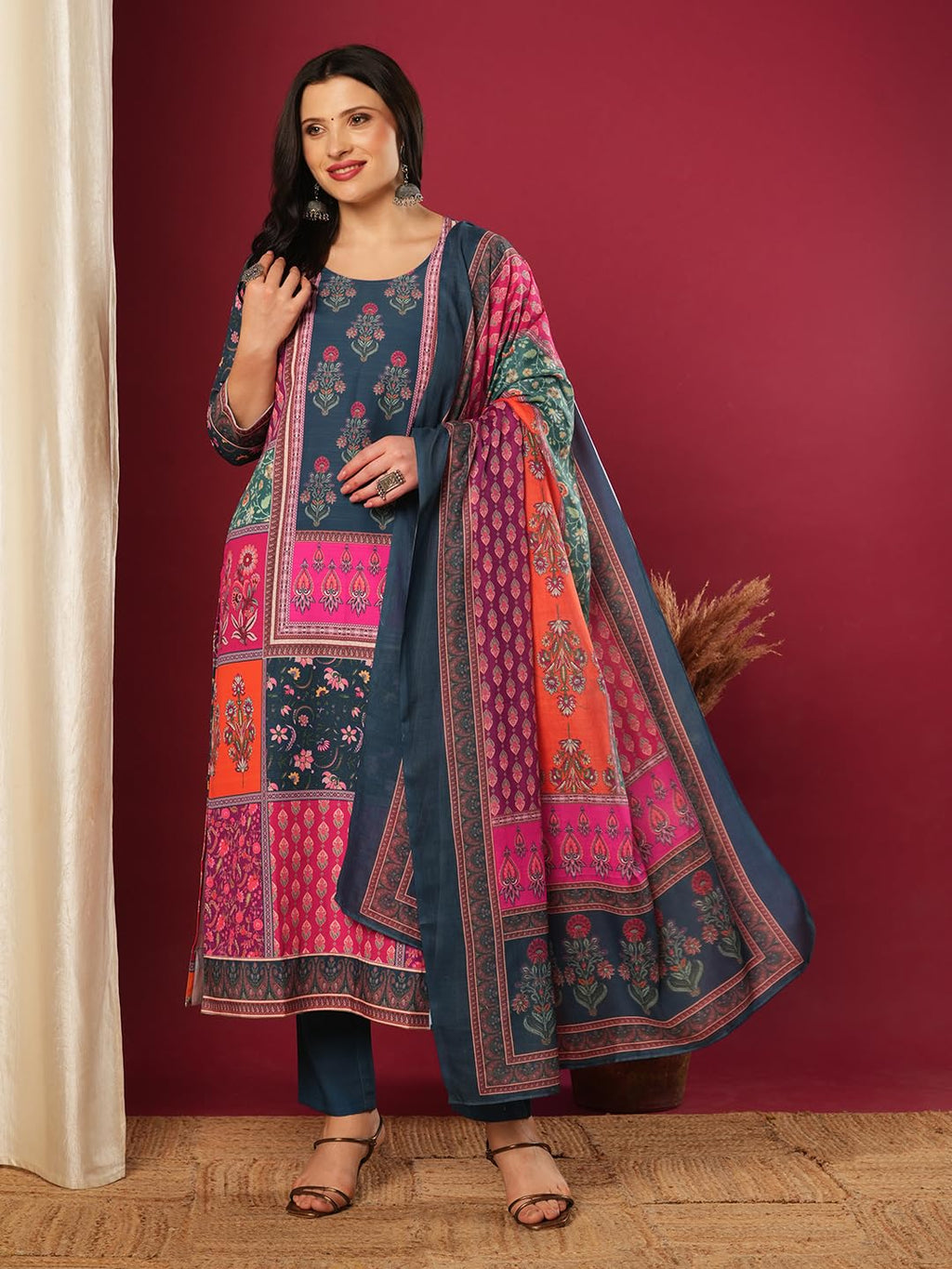 ANNI DESIGNER Women s Rayon Viscose Print Straight Kurta with Pants & Dupatta, Multicolored, L