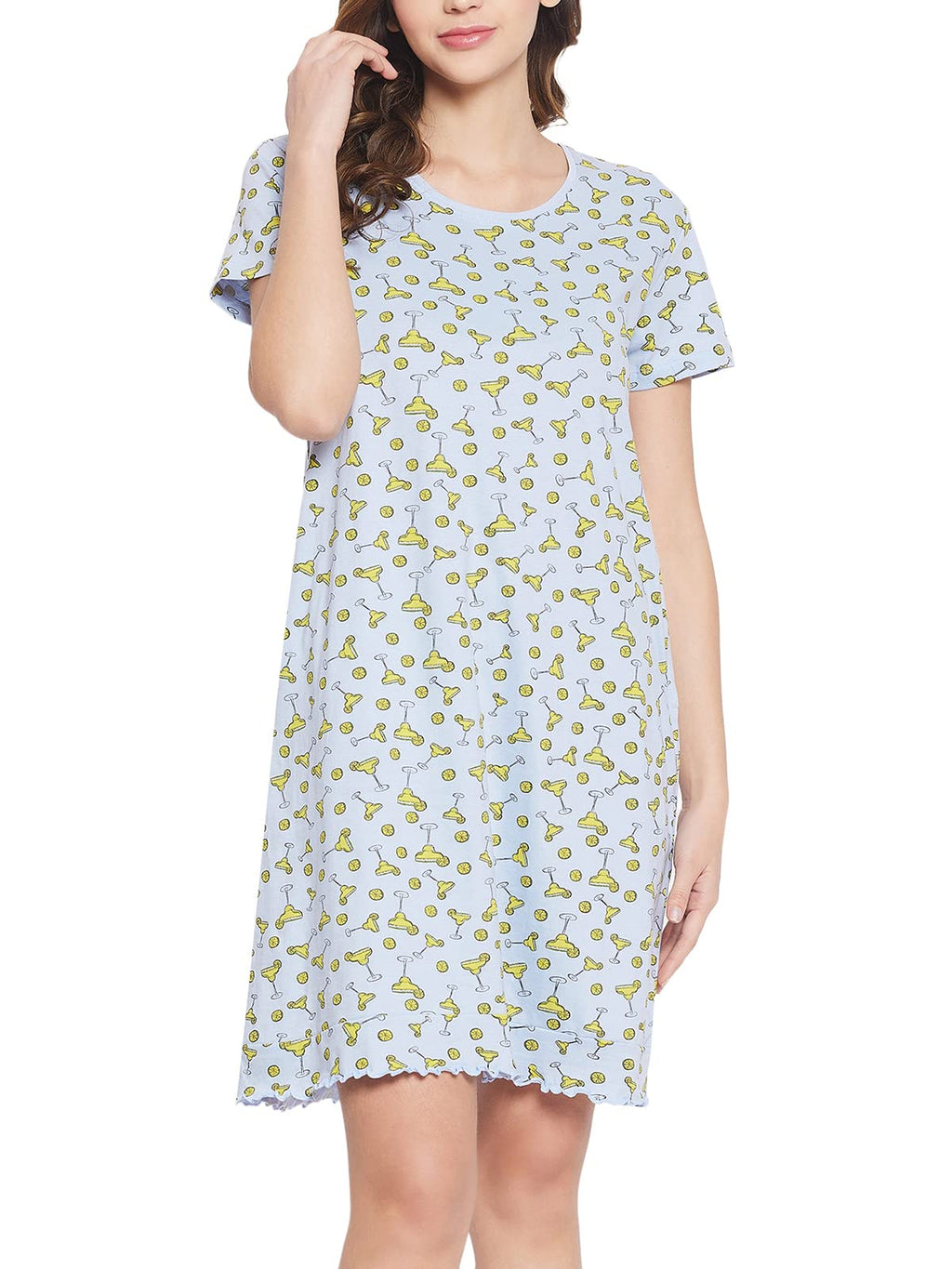 Clovia Womens Cotton Margarita Print Short Night Dress (NS1416R03_Blue_XL)