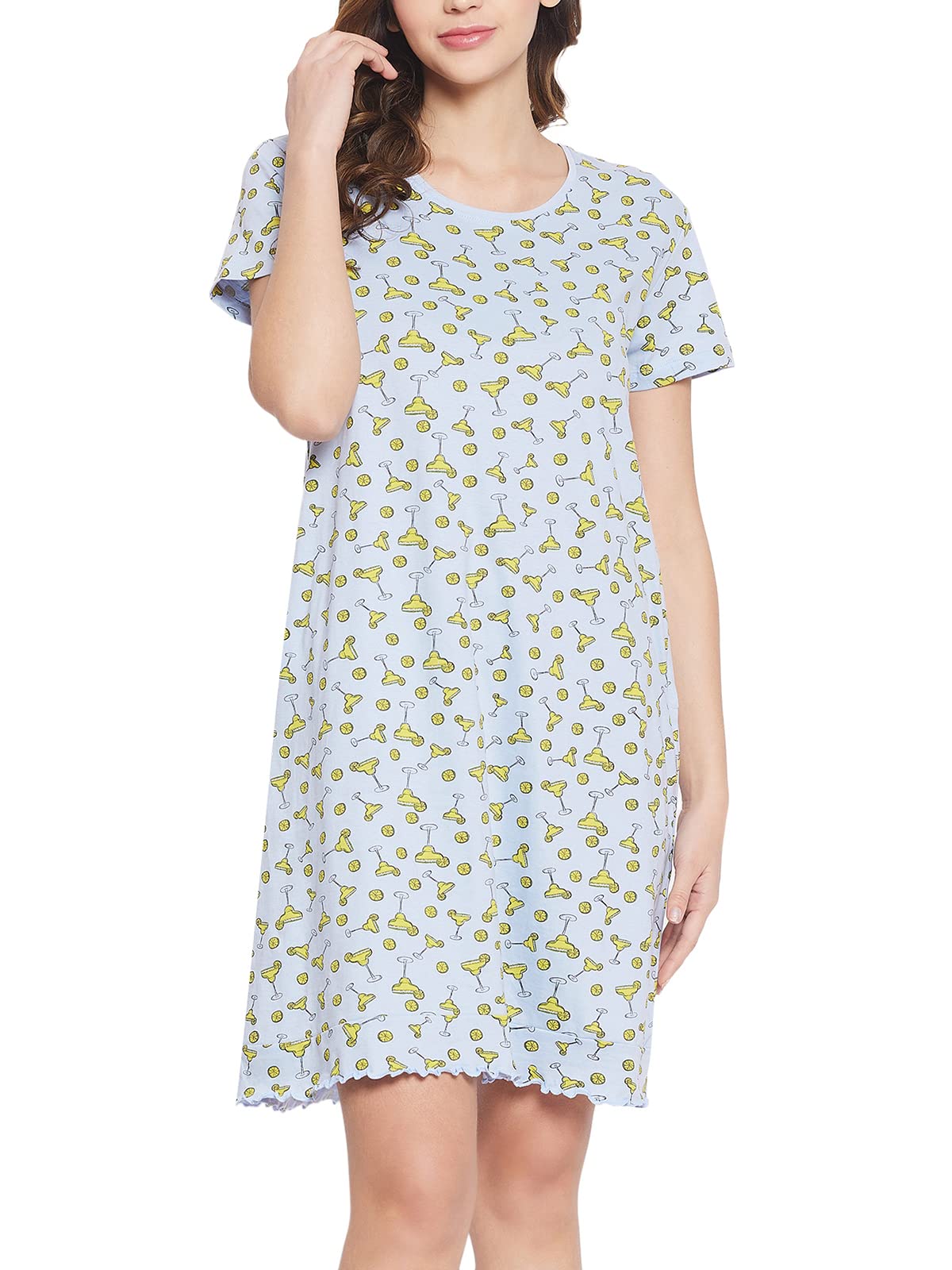 Clovia Womens Cotton Margarita Print Short Night Dress (NS1416R03_Blue_XL)