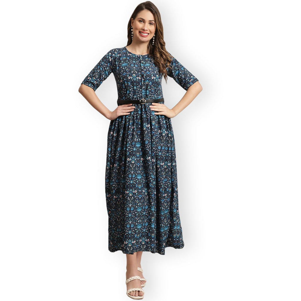 Preneum GirlsS Georgette Floral Printed 3/4 Slevees A-Line Fit & Flare Gown With Belt, Blue, S