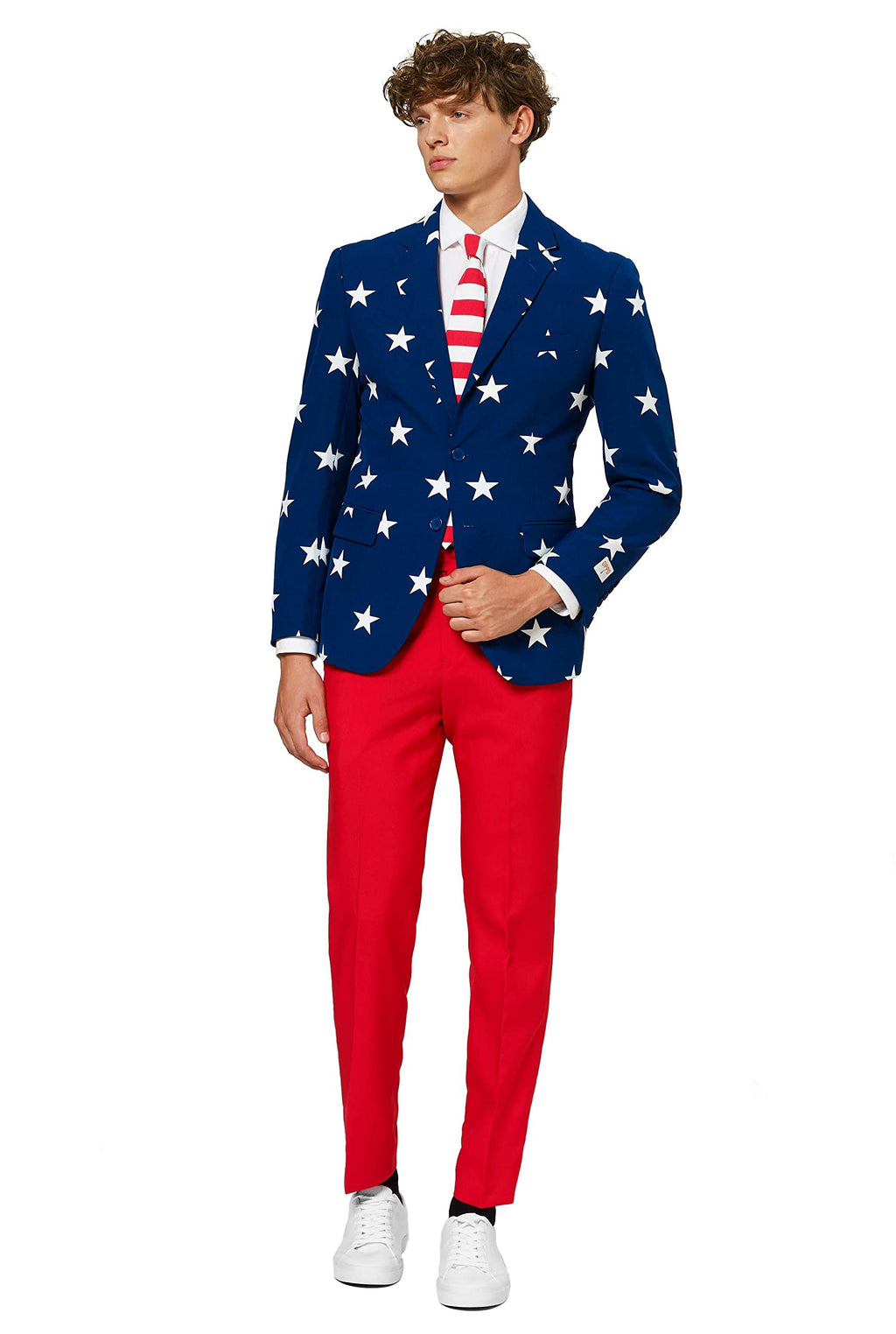 OPPOSUITS Men American Flag Suit - USA Outfit for the 4th of July with Red White and Blue Jacket, Pants and Tie