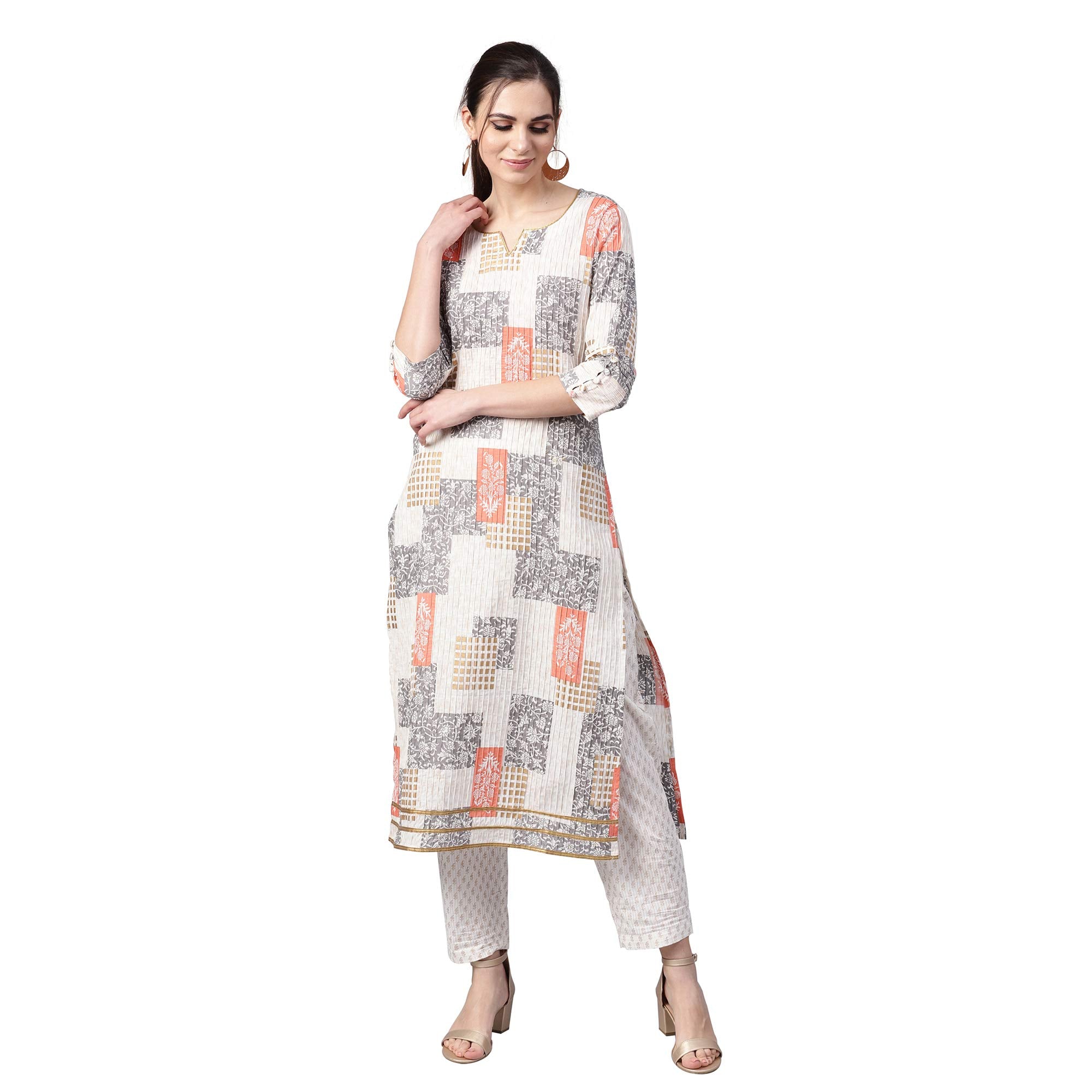 Idalia Women'S Off White Printed Cotton Kurta Set With Pant For Women