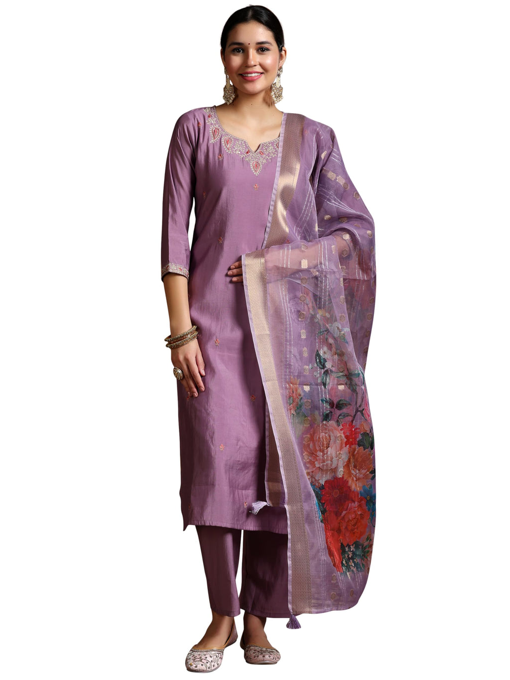 Libas Womens Embroidered Silk Blend Straight Kurta With Palazzos And Dupatta