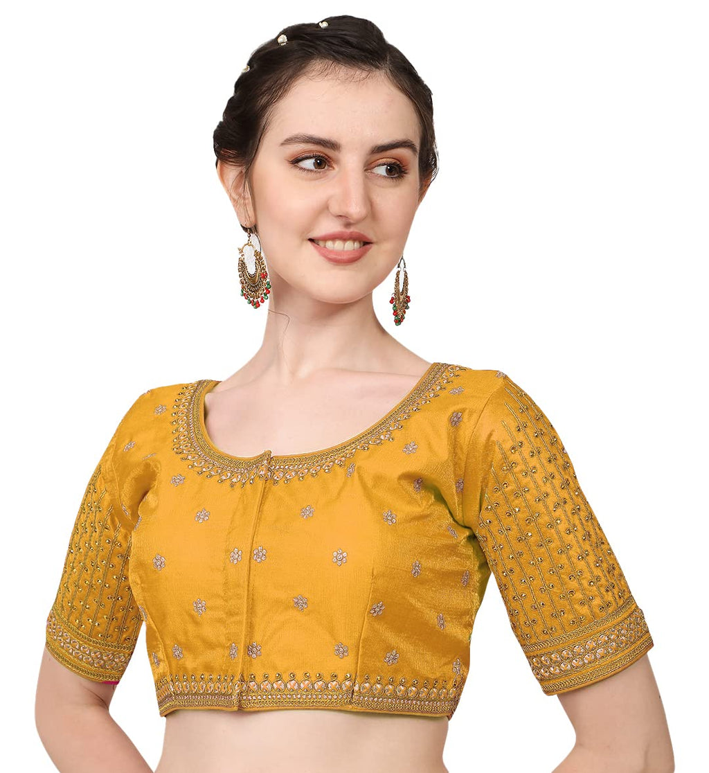 Pujia Mills WomenS Cobra Silk Embroidery Coding Stone Work Half Sleeve Saree Blouse