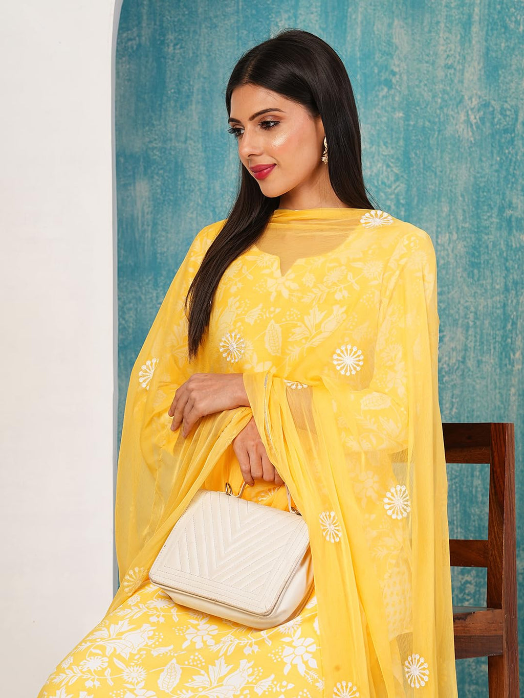 ANNI DESIGNER Ladies Cotton Blend Kurta with Trousers and Dupatta, yellow, M