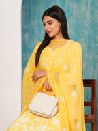 ANNI DESIGNER Ladies Cotton Blend Kurta with Trousers and Dupatta, yellow, M