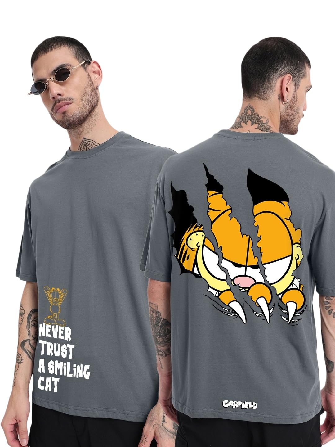 Bewakoof Mens X Official Garfield Merchandise Smiling Cat Graphic Printed 100% Cotton T-Shirt - Oversized Fit, Round Neck, Half