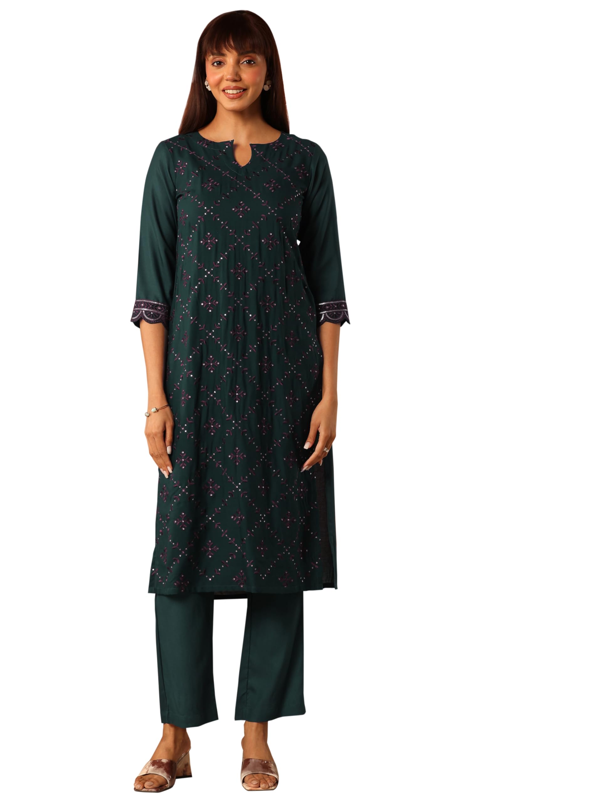 Libas Womens Embroidered Rayon Straight Kurta With Trousers