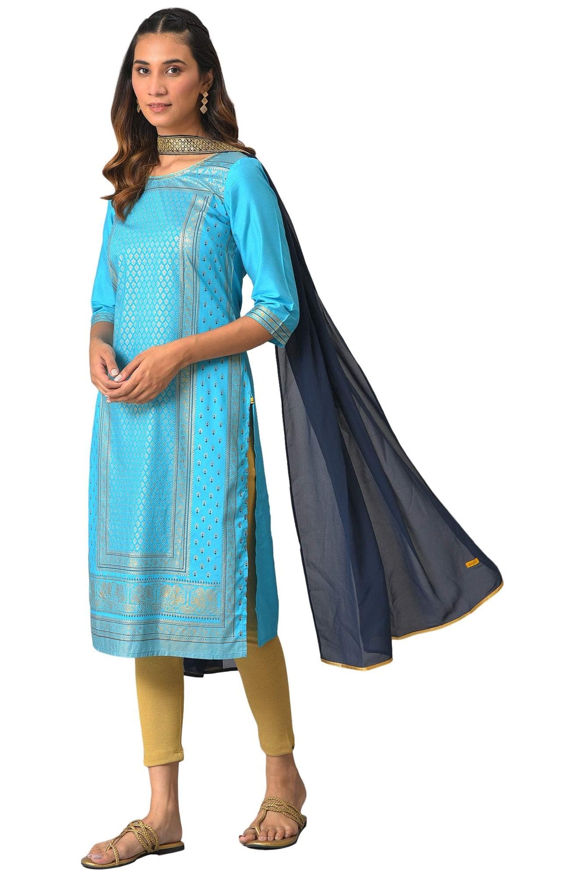 Blue Poly Georgette Solid Choker Neck Dupatta