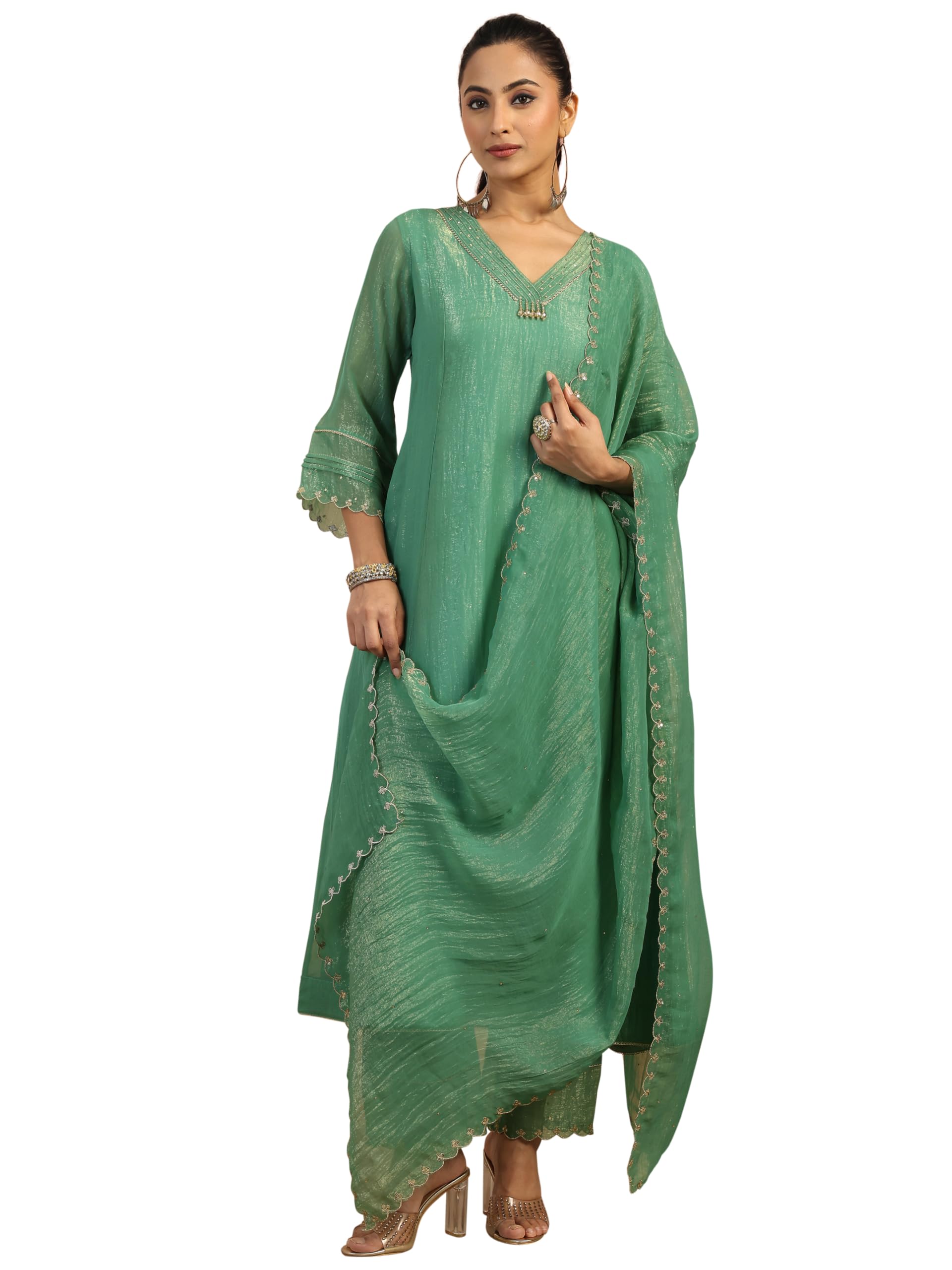 Libas Embellished Silk Blend A-Line Kurta With Trousers And Dupatta-401045Xl