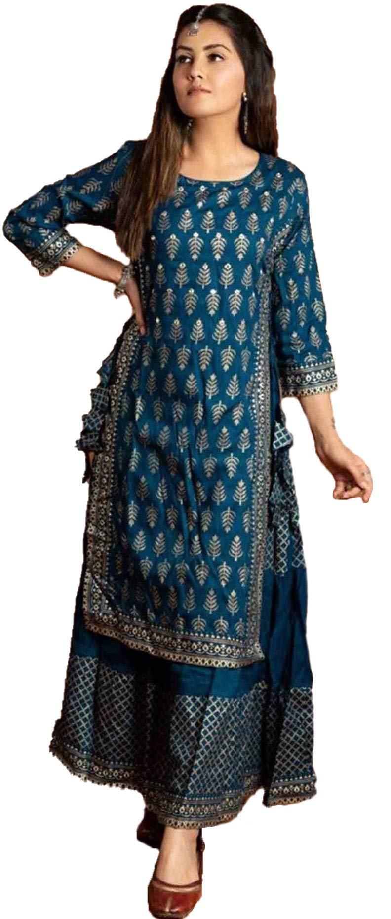 ANNI DESIGNER Women's Rayon Blue Printed Kurta with Plazzo (Doli Baii_S)