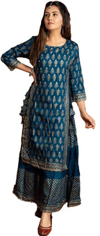 ANNI DESIGNER Women's Rayon Blue Printed Kurta with Plazzo (Doli Baii_S)