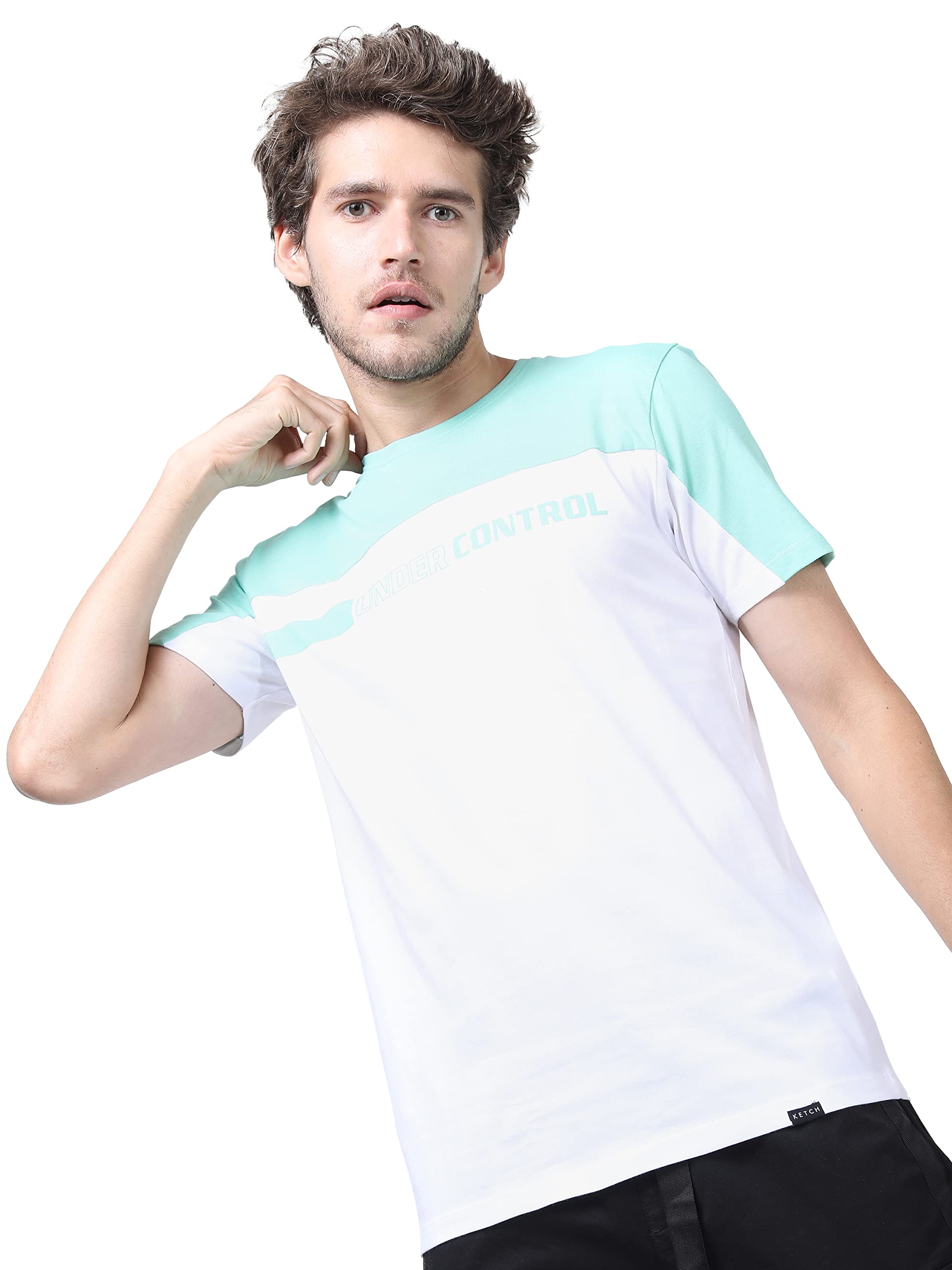 Ketch MenS Solid Slim Fit T-Shirt (Khts000104_White/Ocean Wave M)