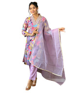 Naixa Womens Lavender Rayon Blend Embroidered and Printed Straight Kurta with Rayon Blend Pant and Organza Laced Dupatta Sets (N