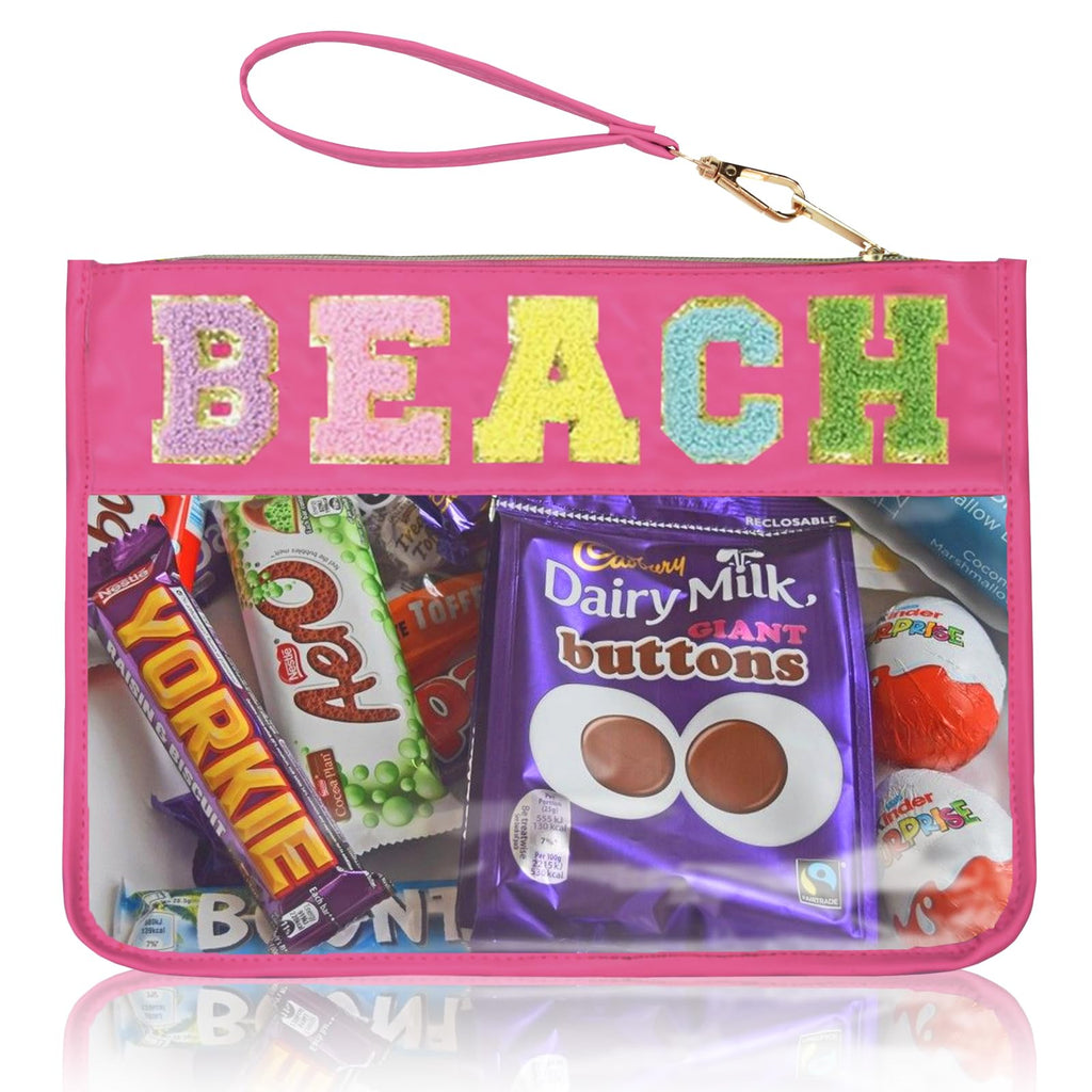 Burskit Beach Bag,Sunscreen Bag, Chenille Letter Clear Zipper Pouch for Travel Preppy Patch Makeup Bag-Nylon Cosmetic Preppy Mak