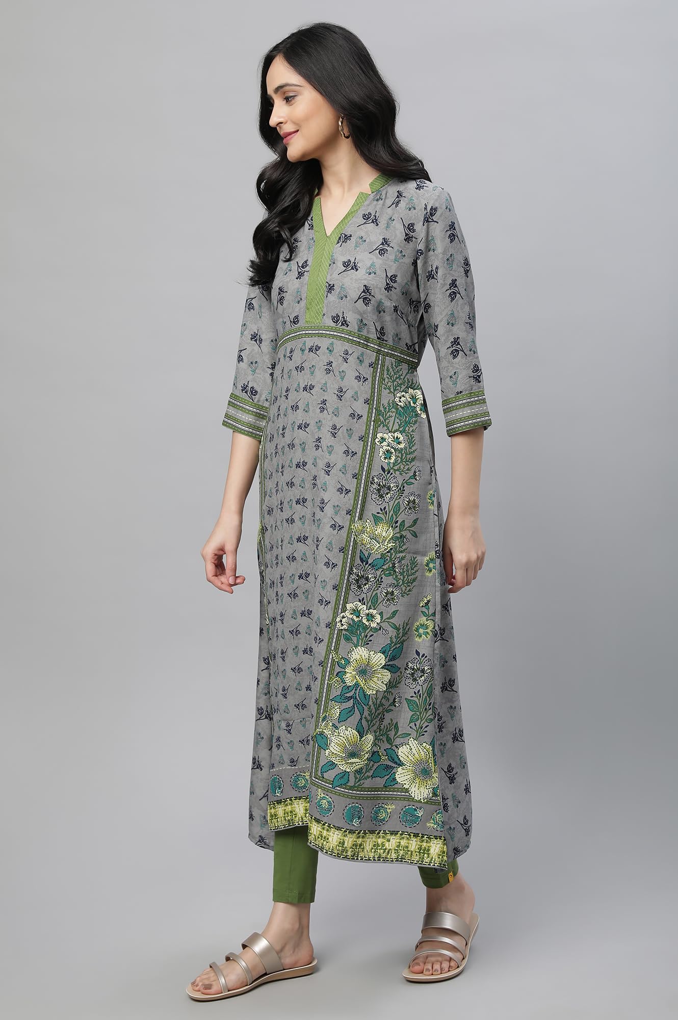 Aurelia Stonewash Grey Floral Print Casual Kurta- Palazzo Set
