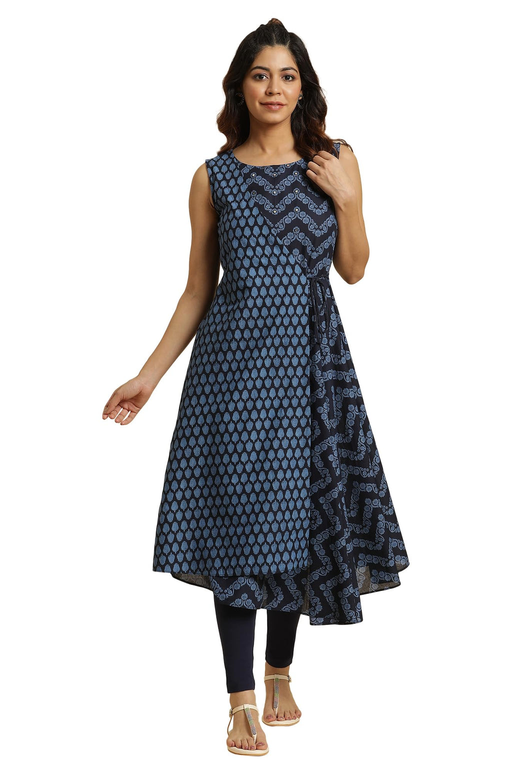 W For Woman Blue Mock Wrap Print Mix Kurta (Size: M)-23Auw19289-120869