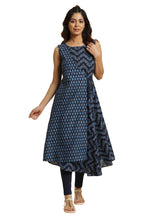 W For Woman Blue Mock Wrap Print Mix Kurta (Size: M)-23Auw19289-120869