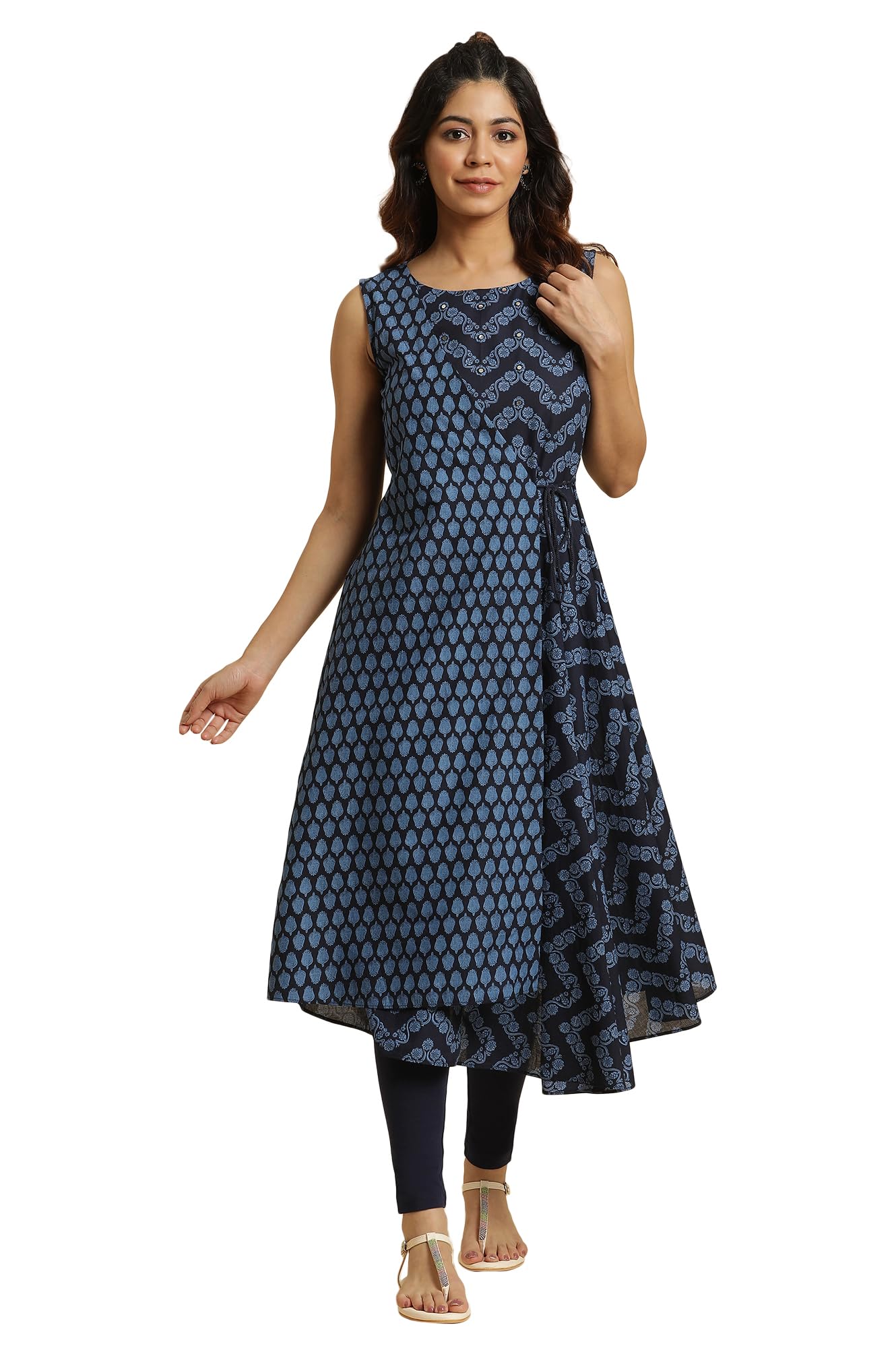W For Woman Blue Mock Wrap Print Mix Kurta (Size: M)-23Auw19289-120869