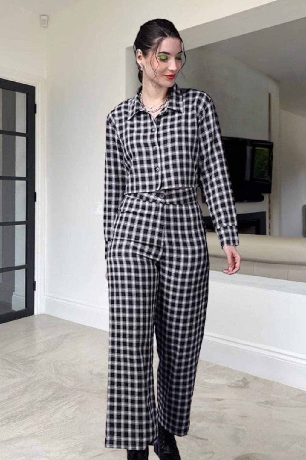 Popwings Casual Checks Print Crop Shirt And Trouser Co-Ord Set For Women | Shirt And Pant Co-Ord Set For Women | Full Sleeves Co