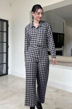 Popwings Casual Checks Print Crop Shirt And Trouser Co-Ord Set For Women | Shirt And Pant Co-Ord Set For Women | Full Sleeves Co
