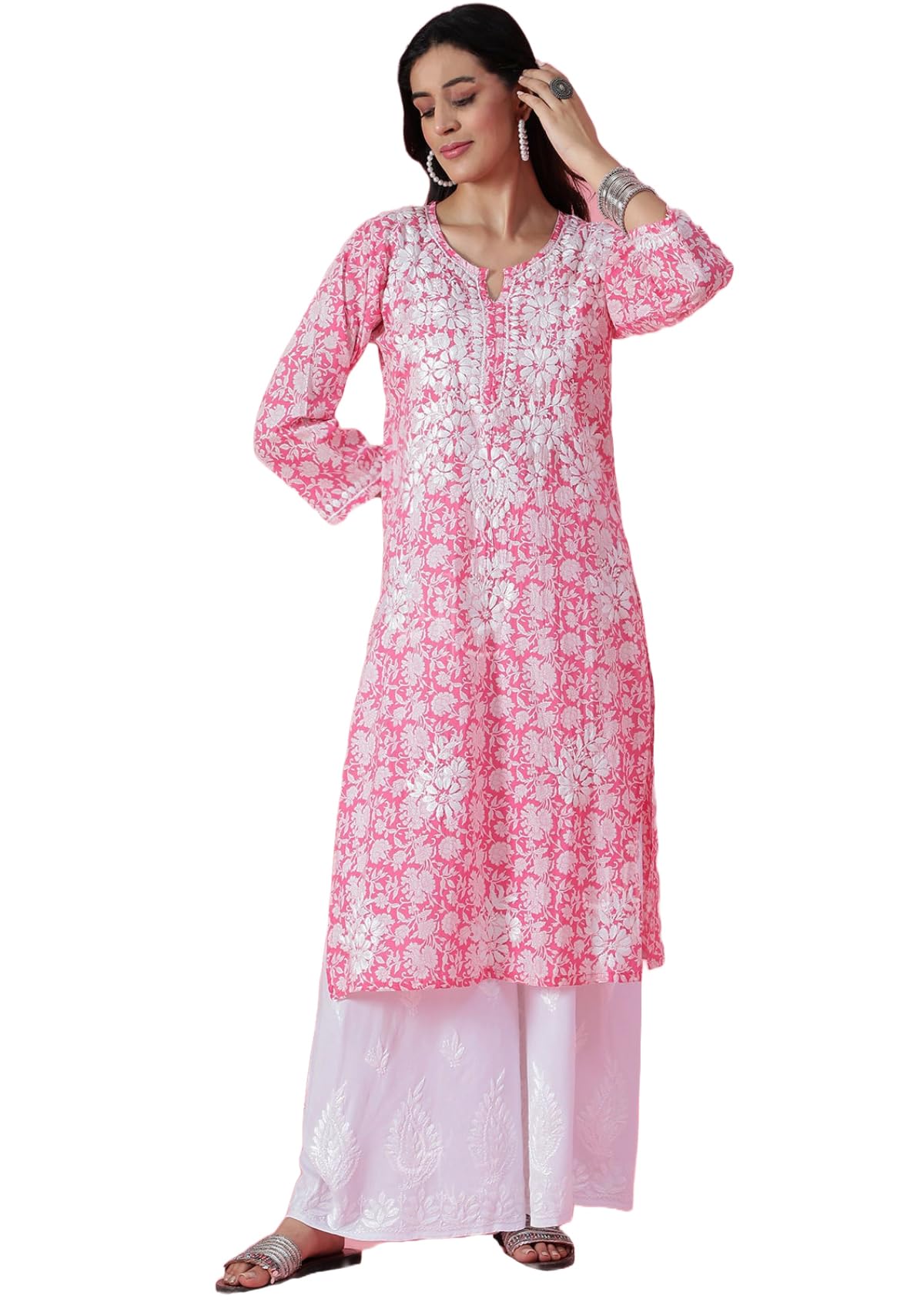 ANNI DESIGNER Womens Cotton Blend Straight Printed Chikankari Embroidered Kurta (Bharti Pink_XXL_Navy_XX-Large)