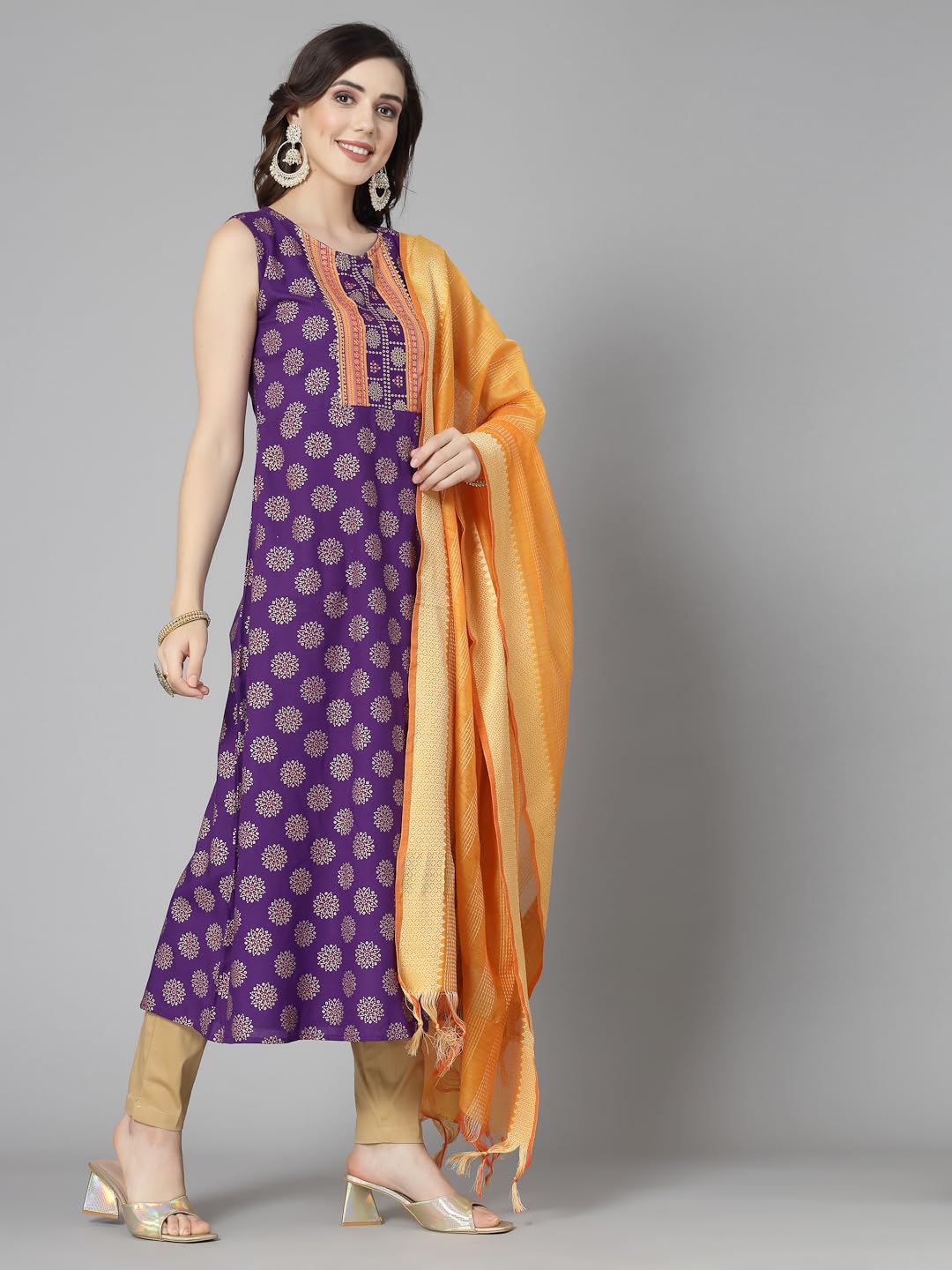 Stylum Women'S Bandhej Printed Rayon A-Line Kurta With Dupatta (Kdvoilpunch_Violet)