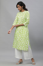Aurelia Green Floral Printed Printed Lace Cotton Straight Long Kurta