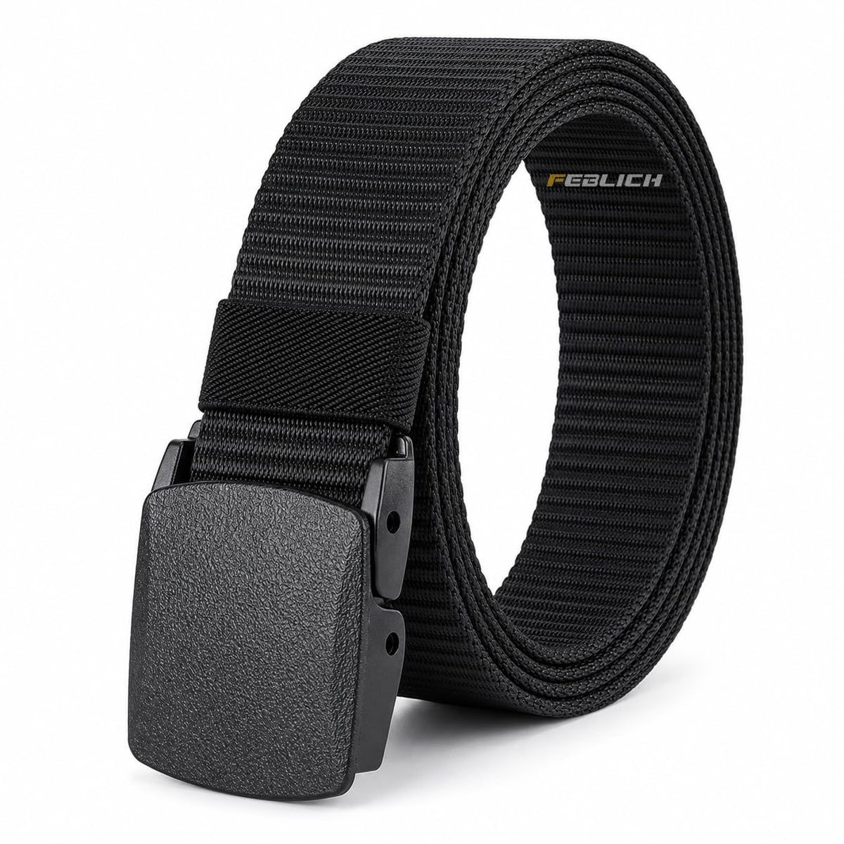Feblich MenS Nylon Fabric Belt For Men, Plastic Flap Buckle (Black) 1
