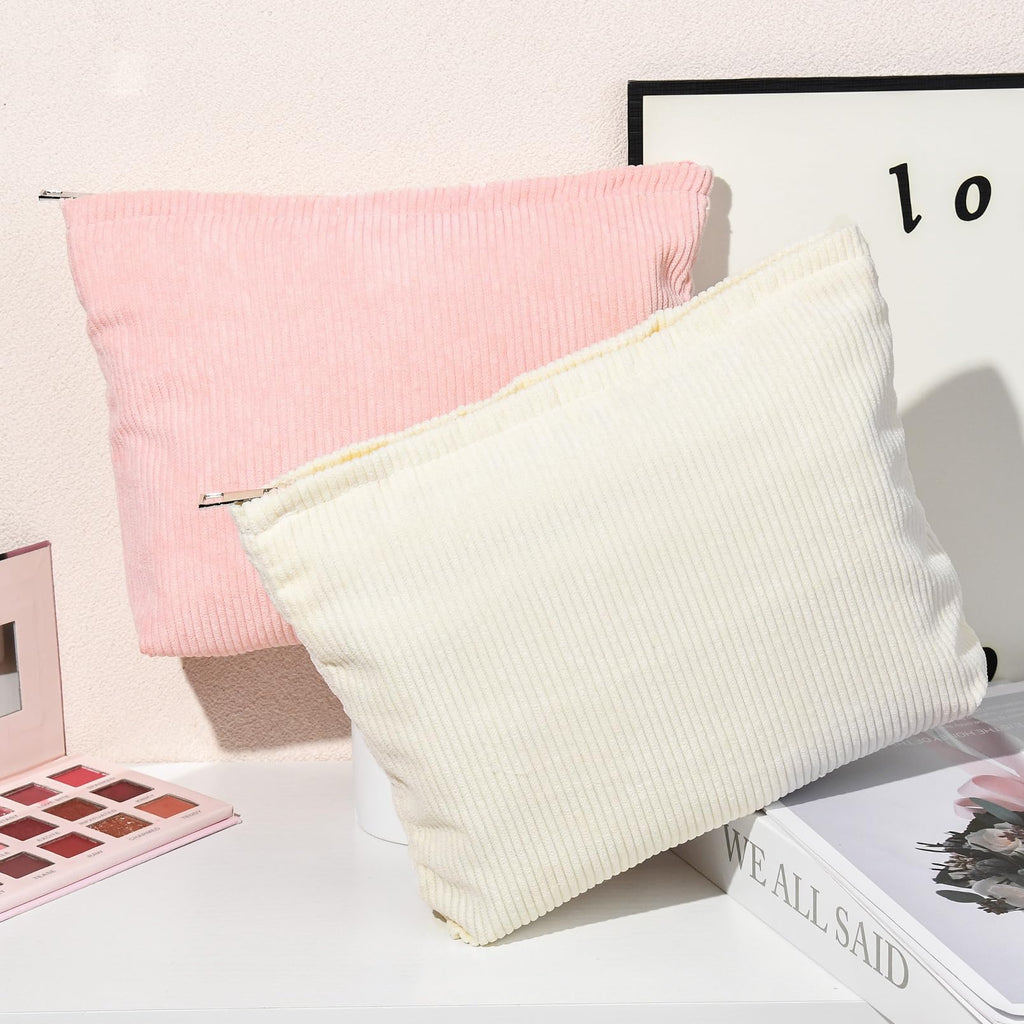 SOIDRAM 2 Pieces Corduroy Makeup Bag Large Corduroy Cosmetic Bag Capacity Canvas Travel Toiletry Bag Organizer Cute Makeup Brush