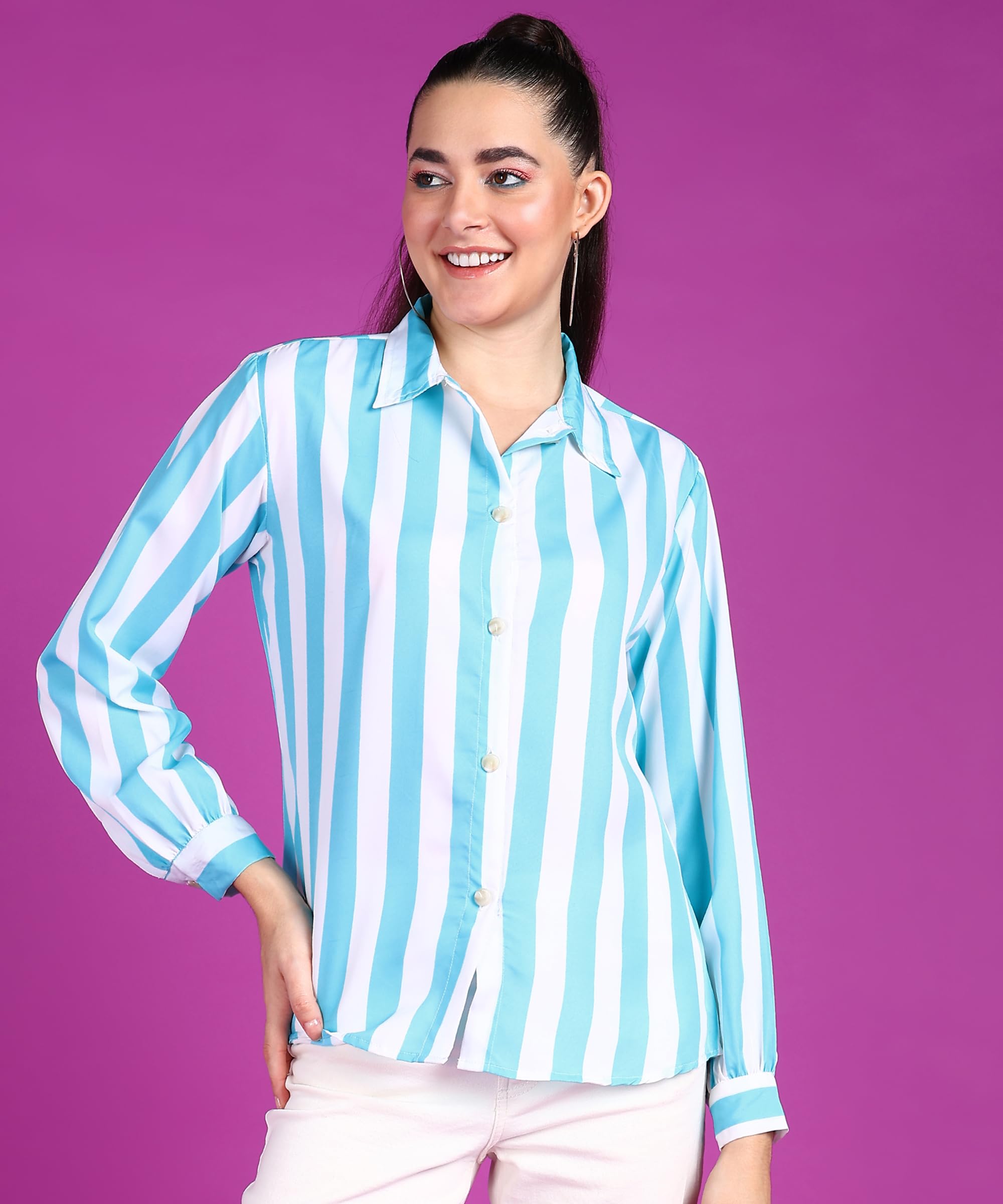 POPWINGS Stripe Printed Crepe Shirt for Women Stylish Western Casual Regular Fit Full Sleeves Shirts for Women