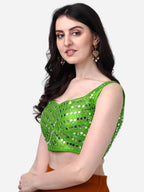 Pujia Mills Womens Multicolor Heavy Phantom Silk Thread Zari and Sequence Work and Real Mirror Hand Work Readymade Saree Blouse