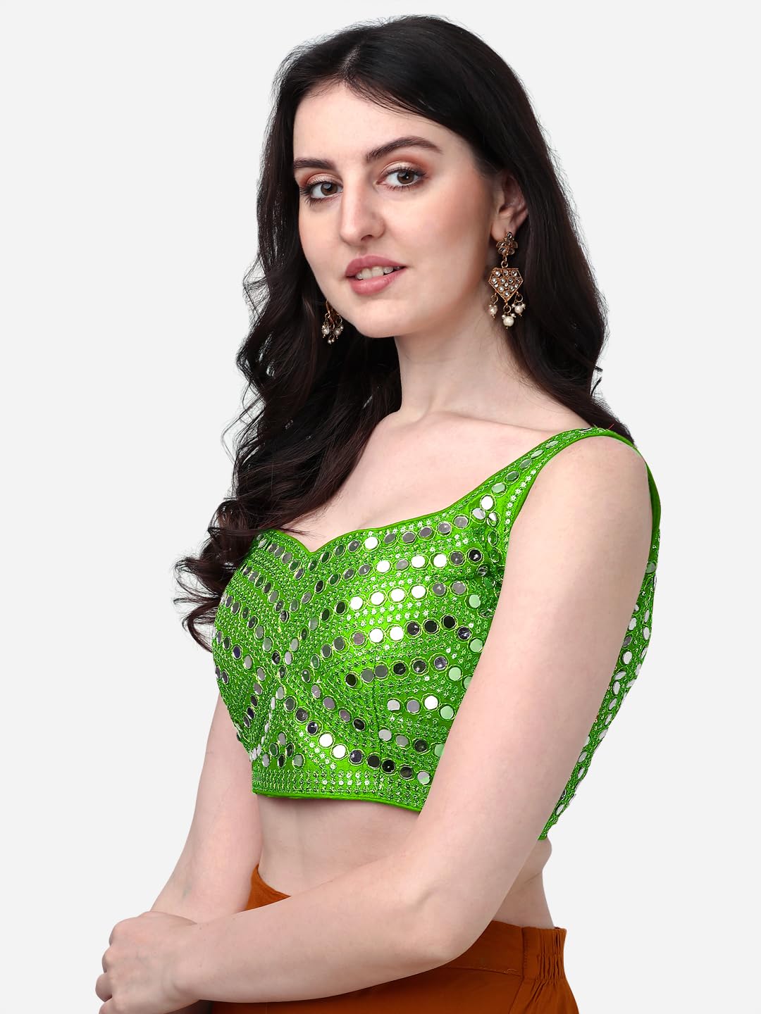 Pujia Mills Womens Multicolor Heavy Phantom Silk Thread Zari and Sequence Work and Real Mirror Hand Work Readymade Saree Blouse