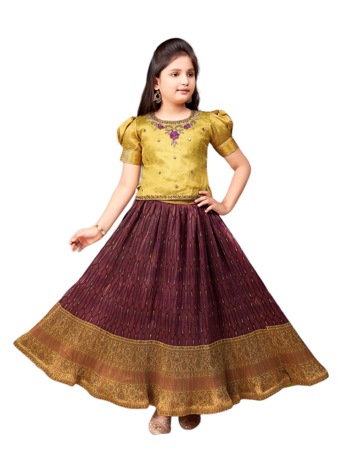 Aarika Girls Ethnic Wear Green Colour Hand Embroidery Lace Work Brocade Lehenga Choli Set (5-11 Years)