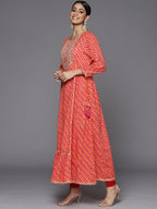 Varanga Orange Lehariya Printed Kalidar Kurta With Gotta Pati Embroidery