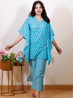 Libas Womens Printed Cotton Night Suit Set For Women Turquoise Blue