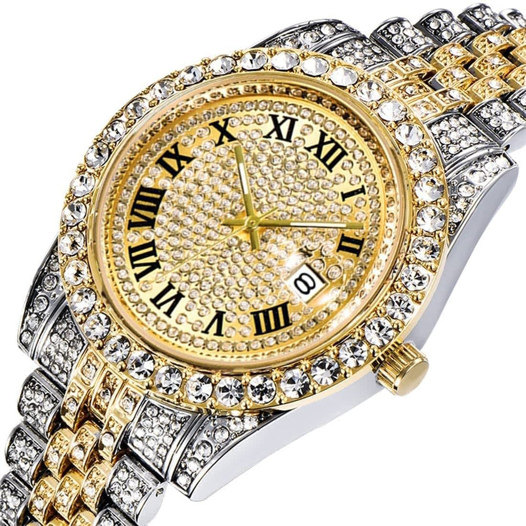 Hip Hop Watches for Men Iced-Out Bling Diamond Luxury Quartz Watches with Date (Gold)