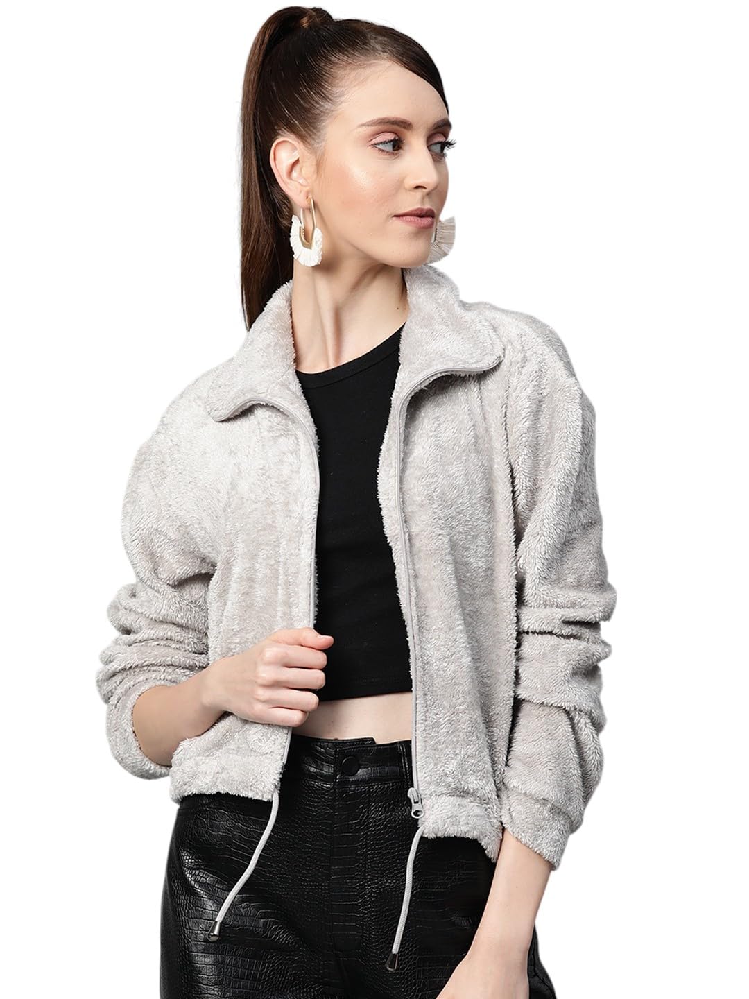 SASSAFRAS Women Grey Drawstring Faux Fur Jacket XXL 2