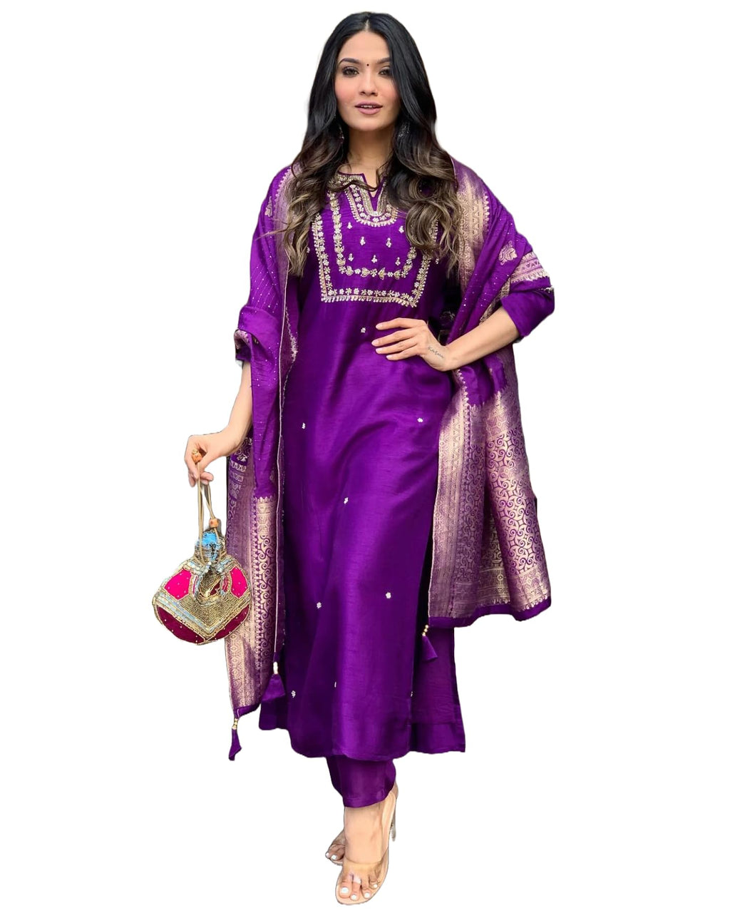 ANNI DESIGNER Women's Cotton Blend Straight Embroidered Kurta with Pant & Dupatta (MANUSHI BEGANI_S_Begani_Small)