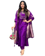 ANNI DESIGNER Women's Cotton Blend Straight Embroidered Kurta with Pant & Dupatta (MANUSHI BEGANI_S_Begani_Small)