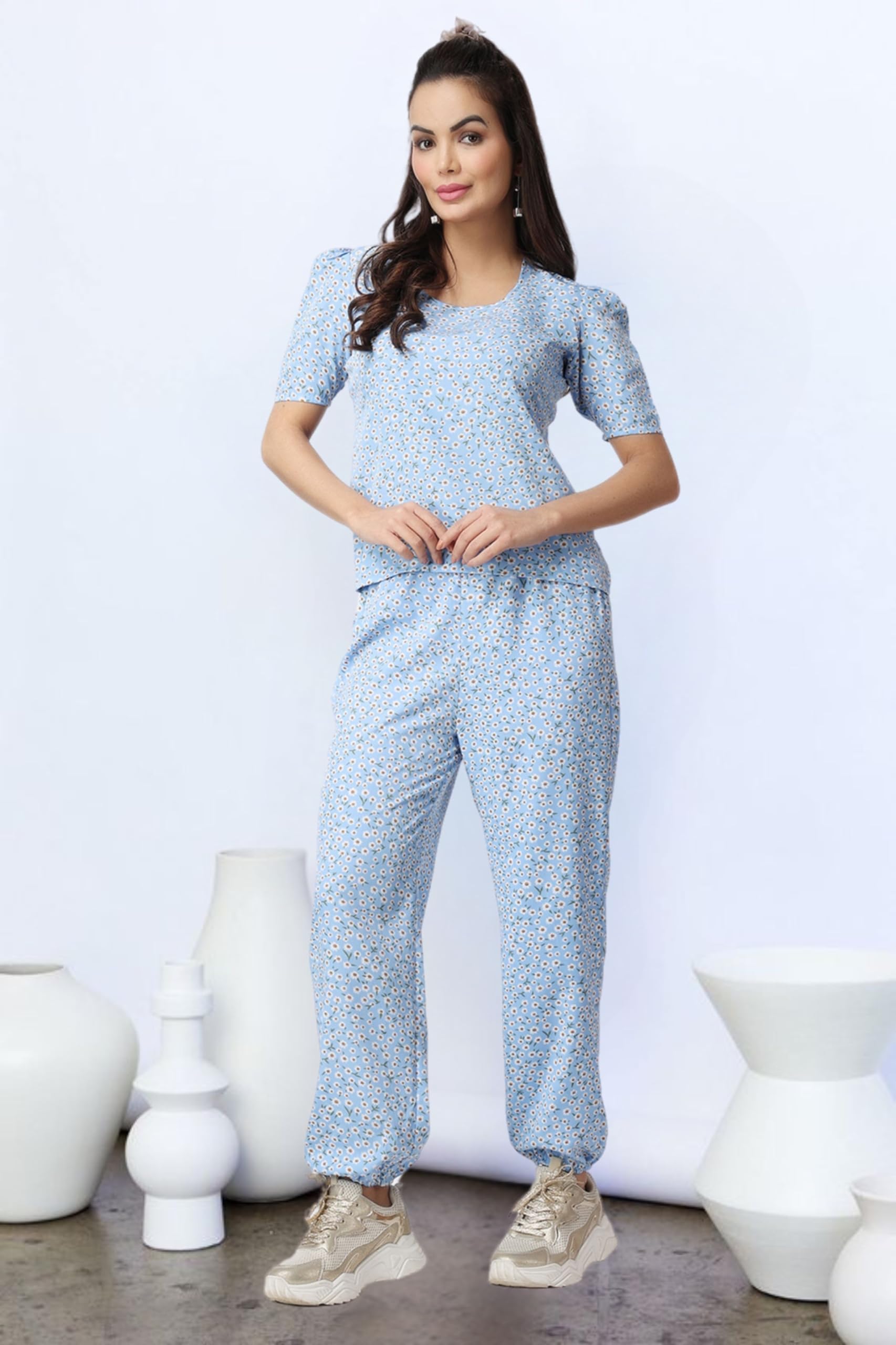 POPWINGS Casual Printed Top and Joggers Set for Women || Stylish Summer Co-Ords Set for Women || Round-Neck Top and Joggers Comb