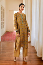 Soch Womens Mustard Muslin Floral Print Round-Neck Straight Kurta Set