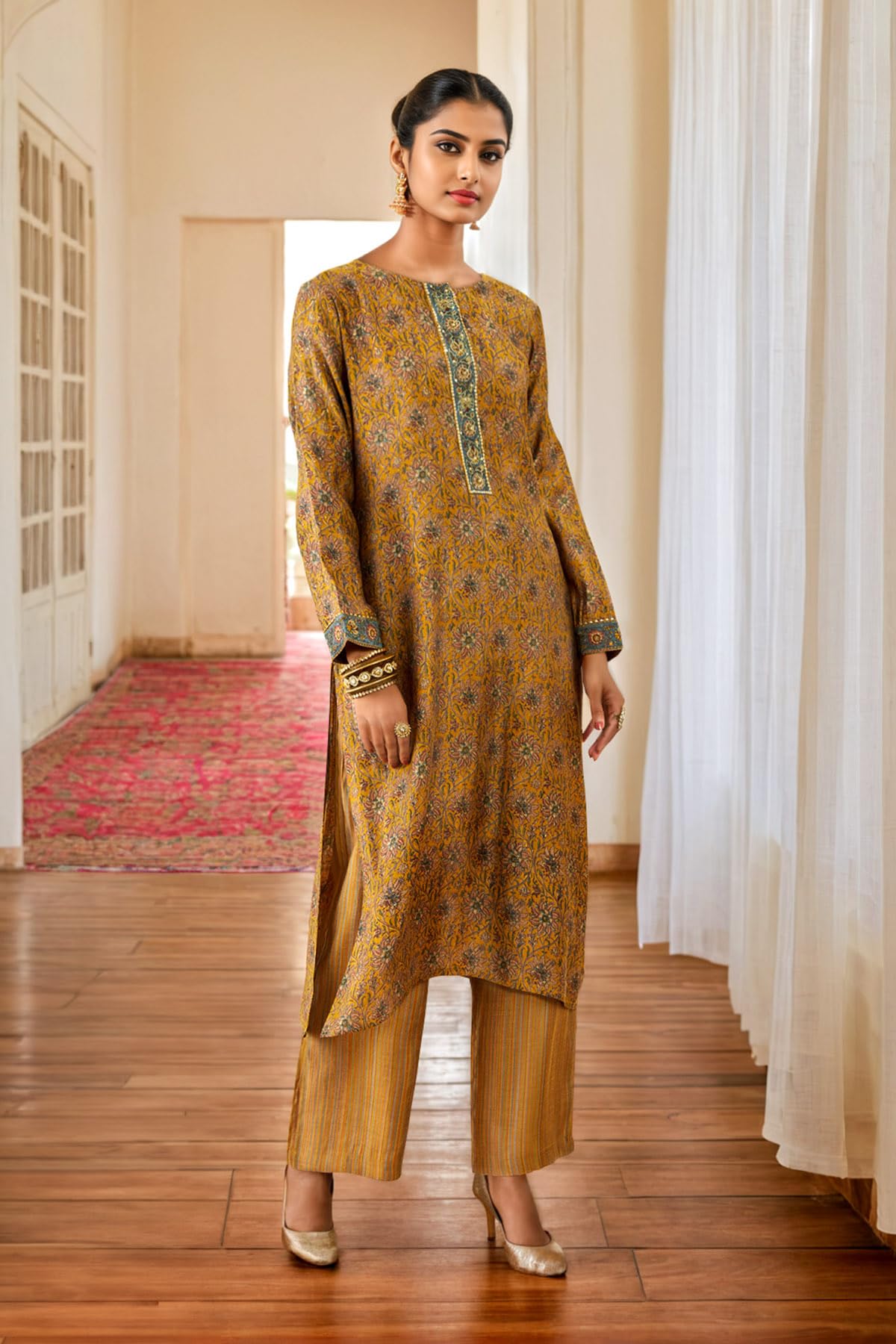 Soch Womens Mustard Muslin Floral Print Round-Neck Straight Kurta Set