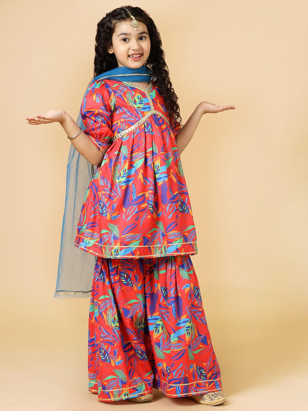 A.T.U.N. (All Things Uber Nice) Red Floral Printed Kurti, Sharara With Dupatta Set For Girls