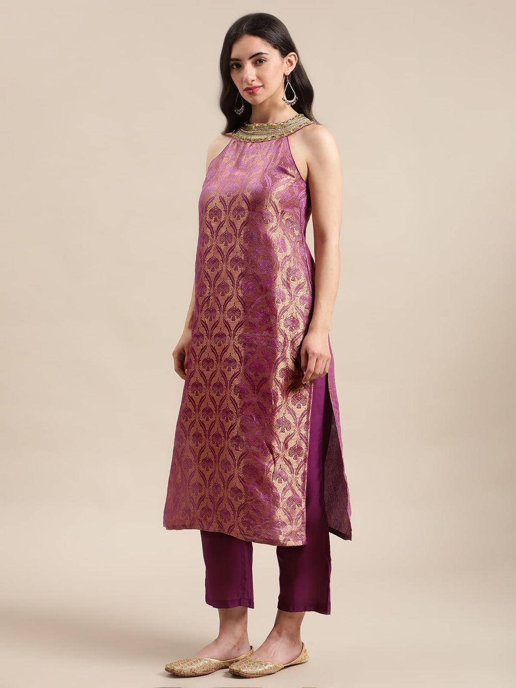 Varanga Women Mauve And Gold Halter Neck Brocade Straight Kurta With Straight Trouser And Double Layer Ruffle Dupatta.